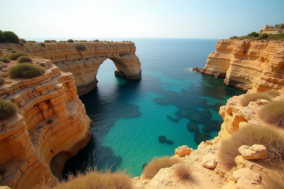 Falaises côtières spectaculaires et formations rocheuses en calcaire à Gozo, Malte, avec la mer Méditerranée turquoise en arrière-plan