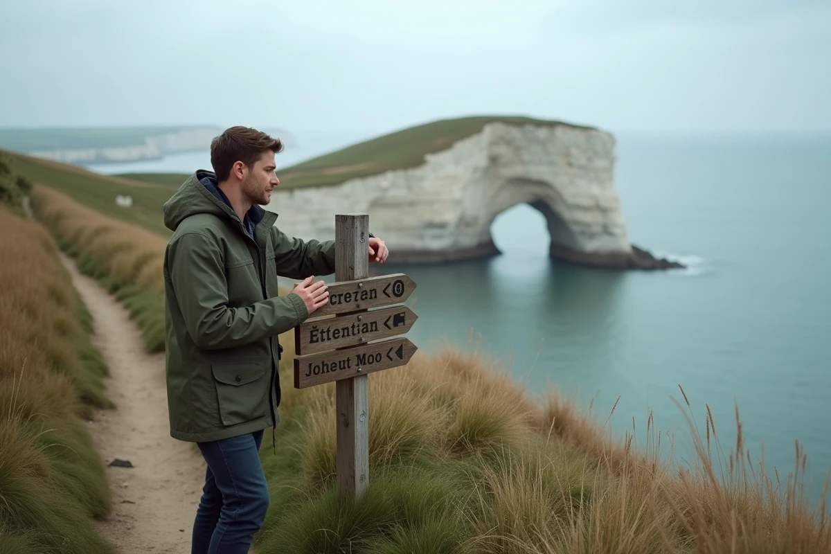 Randonneur devant les falaises et l'arche naturelle d'Étretat sur le sentier des douaniers en Normandie