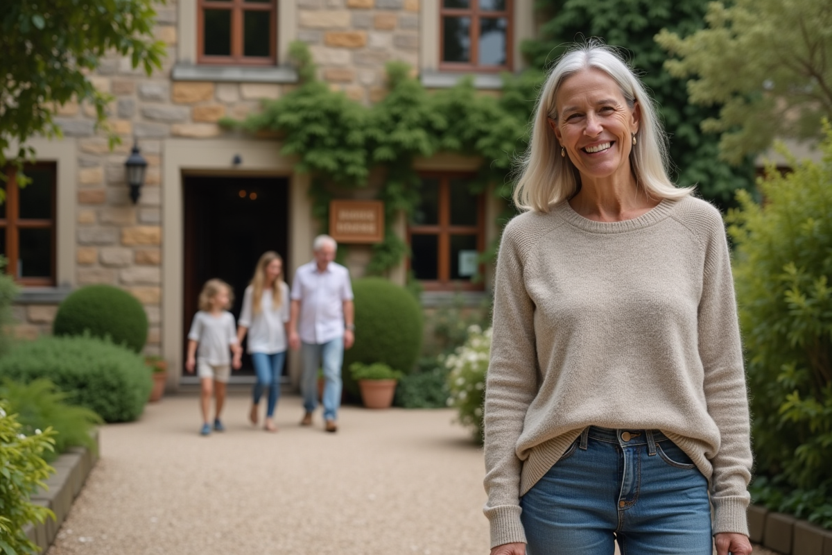 Famille accueillie devant une maison de campagne chaleureuse
