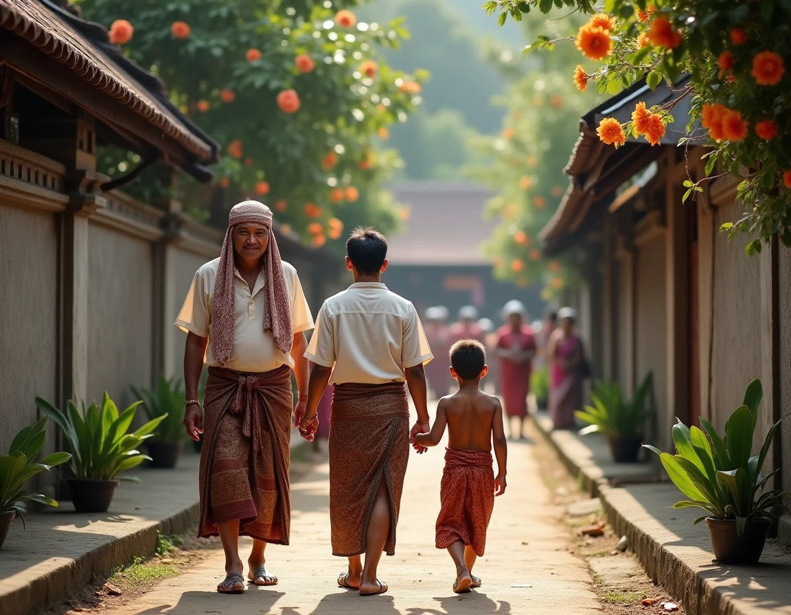 Famille balinaise de trois générations en tenue traditionnelle marchant vers un temple lors d'une cérémonie communautaire dans un village de Bali
