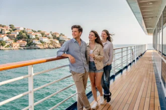 Famille heureuse sur le pont d'un bateau de croisière Seaside admirant la côte méditerranéenne