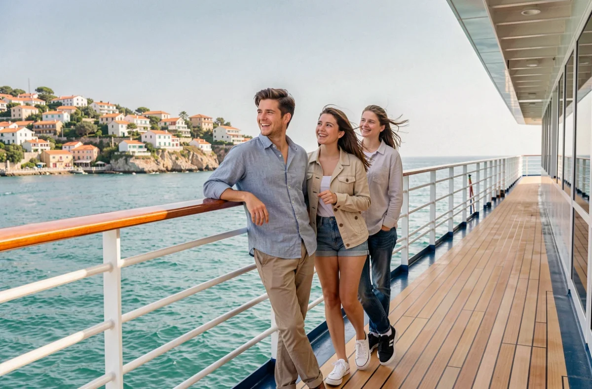 Famille heureuse sur le pont d'un bateau de croisière Seaside admirant la côte méditerranéenne