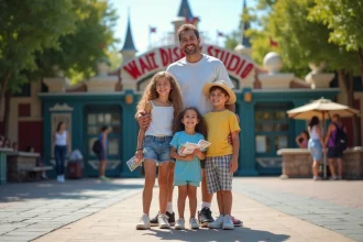Famille souriante devant l'entrée des studios Disney