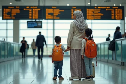 Mère marocaine avec enfants devant panneau départs à l'aéroport