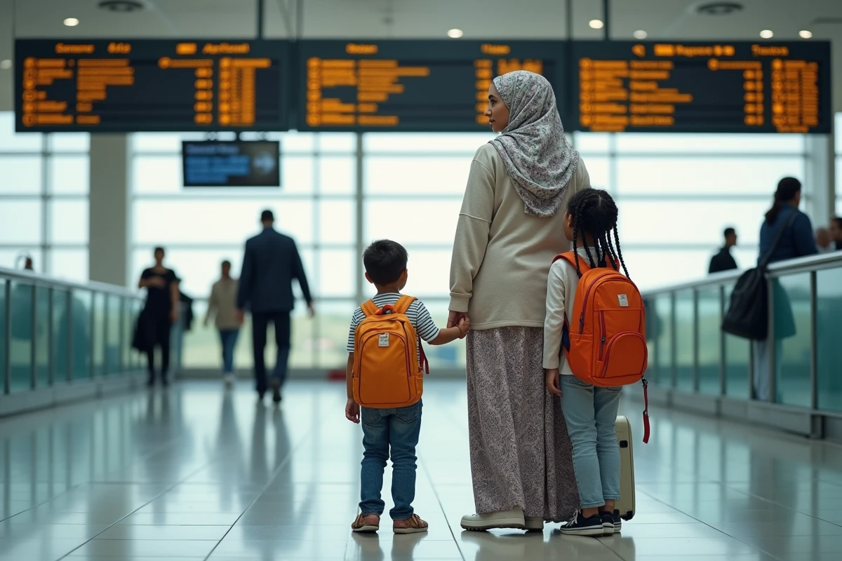 Mère marocaine avec enfants devant panneau départs à l'aéroport