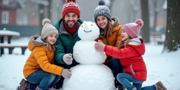 Famille de quatre construisant un bonhomme de neige en hiver