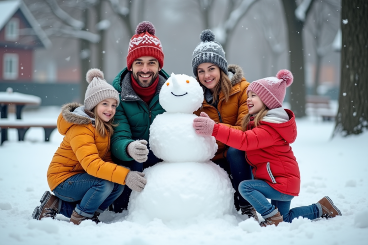 Famille de quatre construisant un bonhomme de neige en hiver
