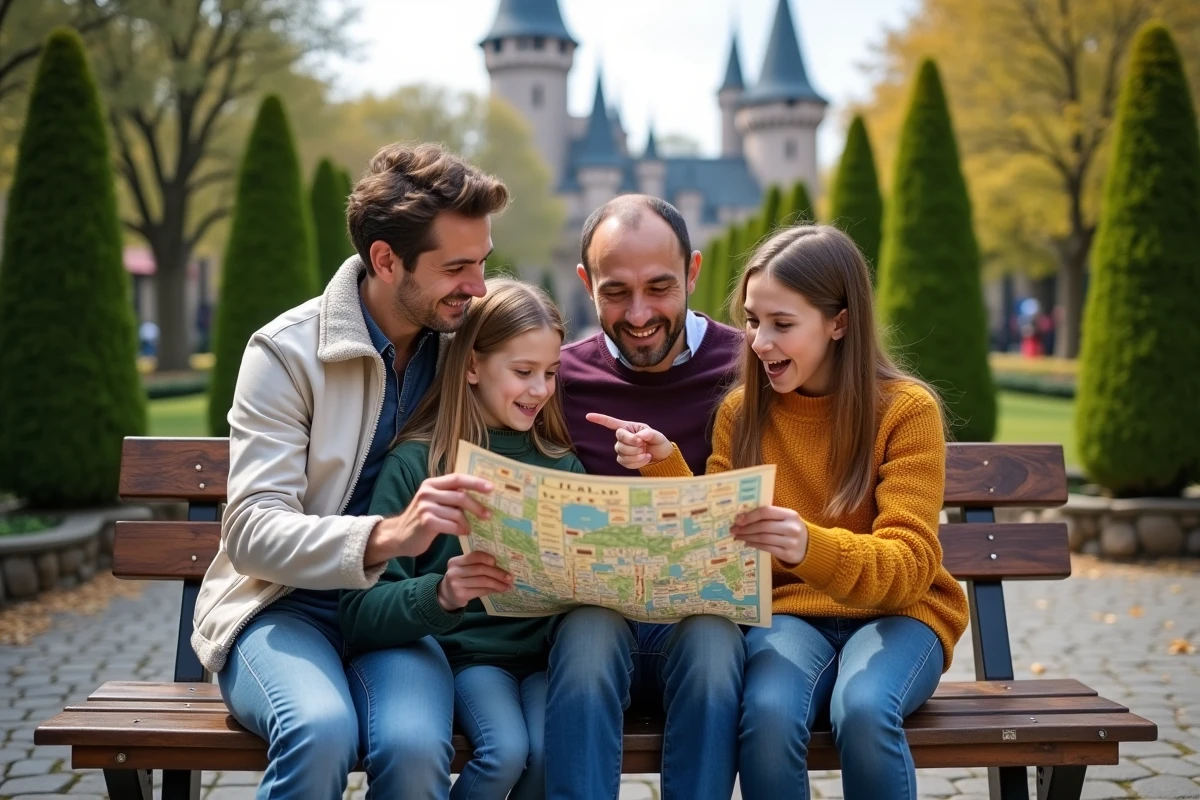 Famille en train de consulter un plan PDF d'Eurodisney sur un banc pour organiser leur journée au parc