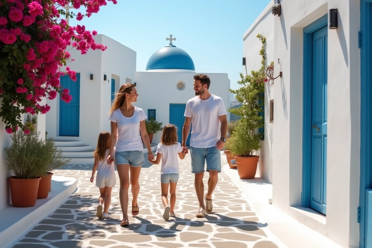 Famille se promenant dans une ruelle blanchie à la chaux de Folégandros avec bougainvillées et chapelle à dôme bleu