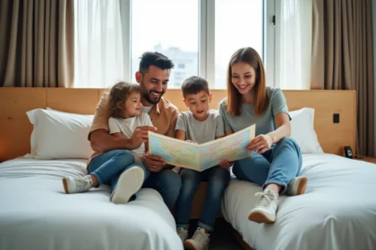 Famille souriante dans une chambre d'hôtel moderne