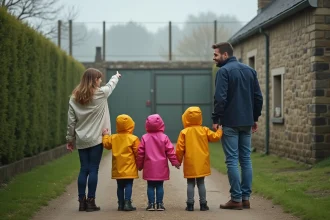 Famille avec enfants devant un enclos au zoo de Normandie par temps nuageux