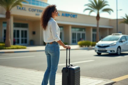 Jeune femme nord-africaine devant l'aéroport Al Massira