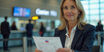 Femme d'âge moyen à l'aéroport avec documents de voyage