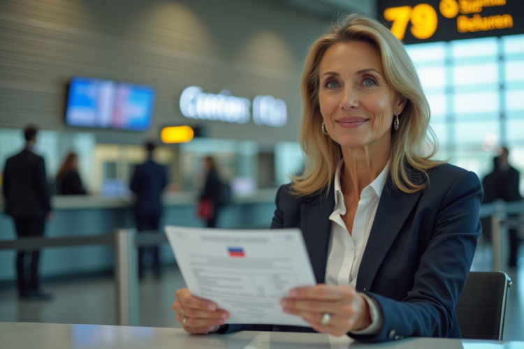 Femme d'âge moyen à l'aéroport avec documents de voyage