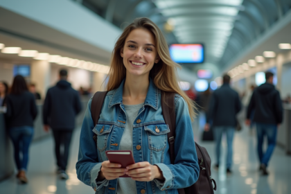 Jeune femme à l'aéroport présentant son passeport