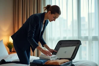 Femme d'affaires qui organise son bagage à main cabine Volotea dans une chambre d'hôtel moderne