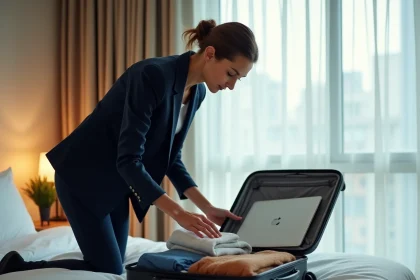 Femme d'affaires qui organise son bagage à main cabine Volotea dans une chambre d'hôtel moderne