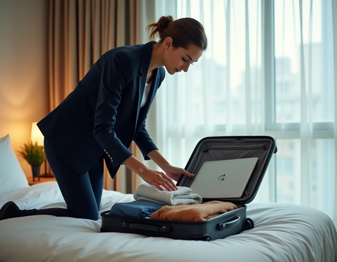 Femme d'affaires qui organise son bagage à main cabine Volotea dans une chambre d'hôtel moderne