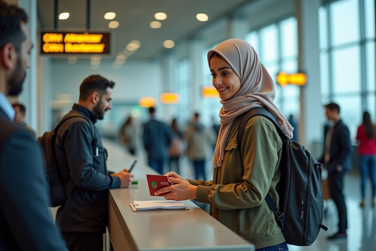 Jeune femme maghrebine montre son passeport à l