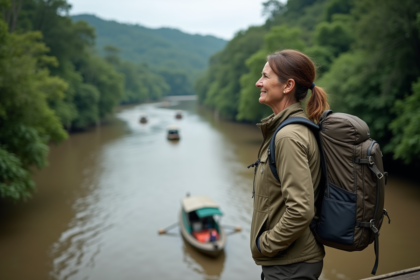 Femme française au bord de l'Amazonie avec forêt dense