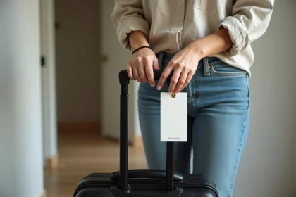 Jeune femme attachant une etiquette de voyage à sa valise