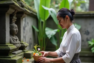 Femme balinaise en kebaya blanc arrangeant une offrande canang sari dans un temple familial traditionnel à Bali, Indonésie