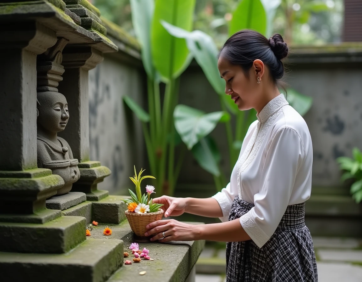 Femme balinaise en kebaya blanc arrangeant une offrande canang sari dans un temple familial traditionnel à Bali, Indonésie