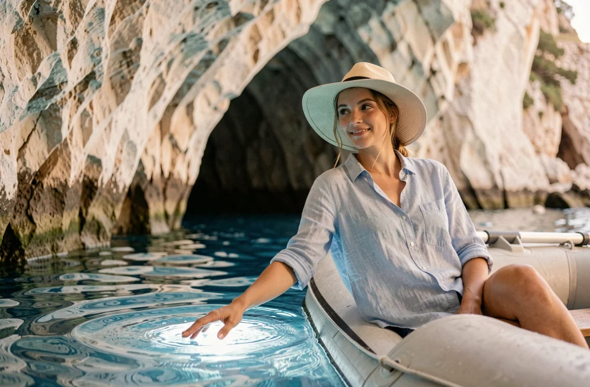 Jeune femme dans un bateau gonflable explorant une grotte lumineuse de Polignano a Mare avec eau bleue transparente