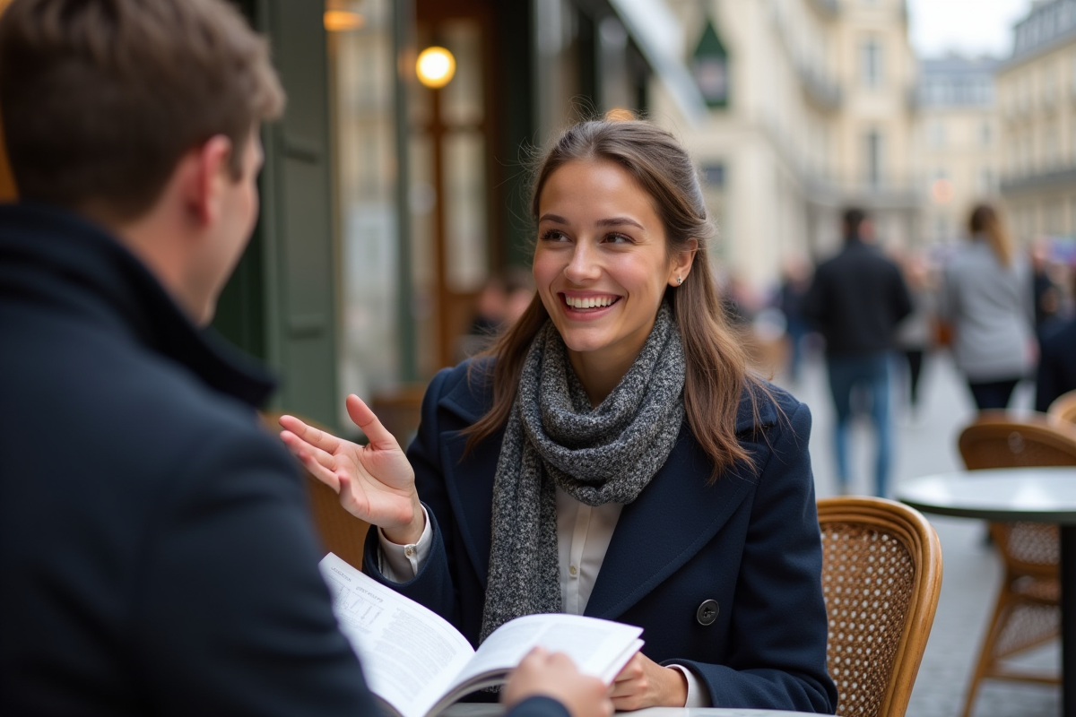 Femme souriante dans un café parisien avec guide
