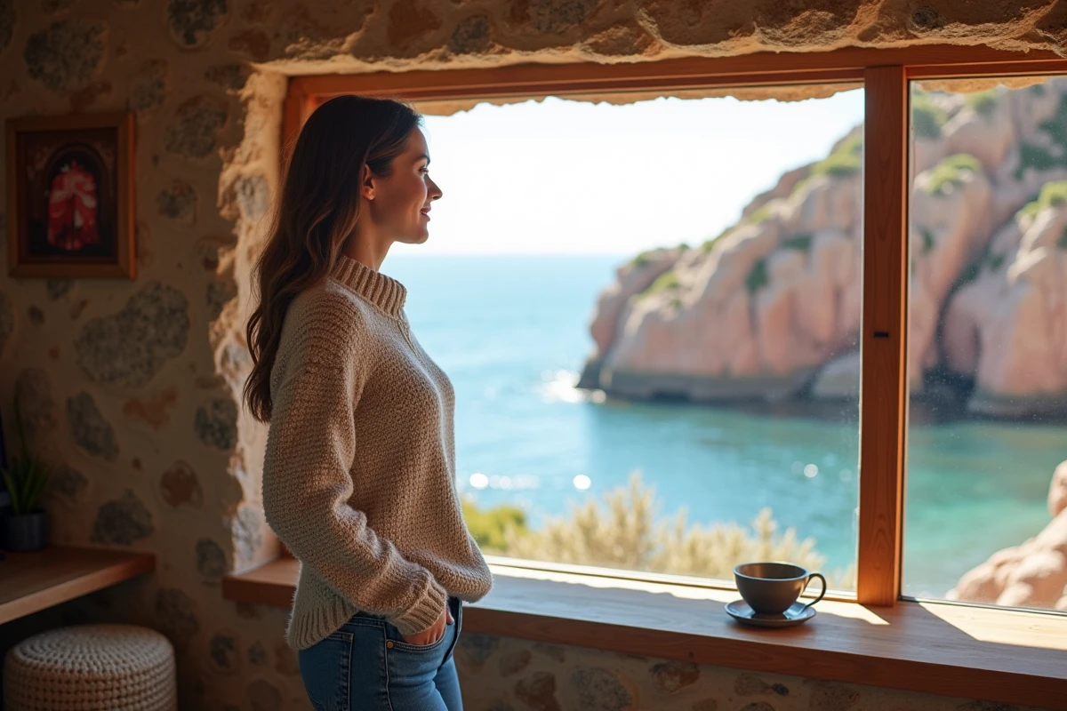 Jeune femme en pull et jeans près d'une fenêtre vue côte granit rose