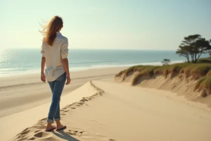 Femme debout sur la Dune du Pilat regardant l'horizon
