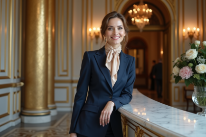 Femme élégante check-in dans un hôtel parisien luxueux
