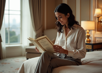 Femme élégante dans une suite d'hôtel luxueuse lisant un menu