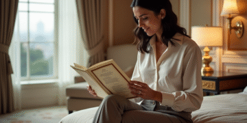 Femme élégante dans une suite d'hôtel luxueuse lisant un menu