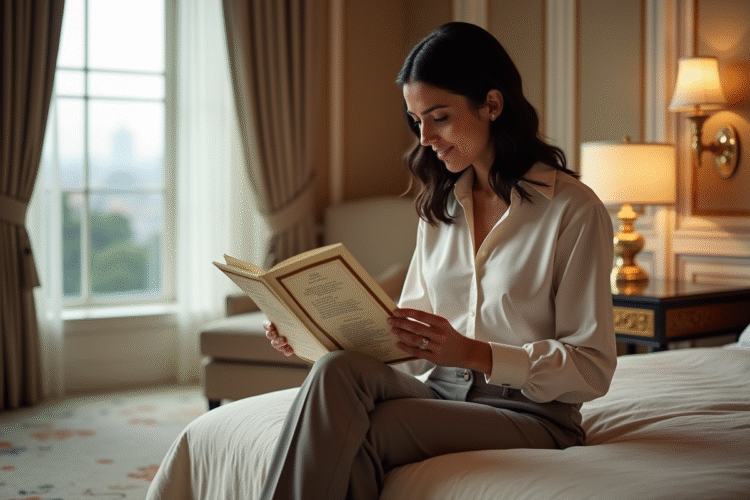Femme élégante dans une suite d'hôtel luxueuse lisant un menu