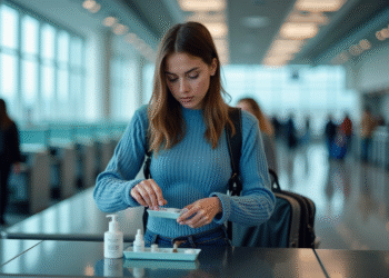 Jeune femme préparant ses produits de toilette à l'aéroport