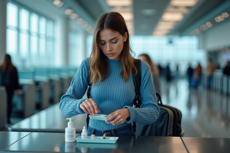Jeune femme préparant ses produits de toilette à l'aéroport