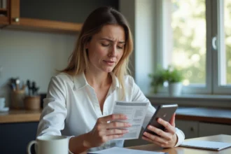 Femme frustrée examinant son smartphone et billet de train