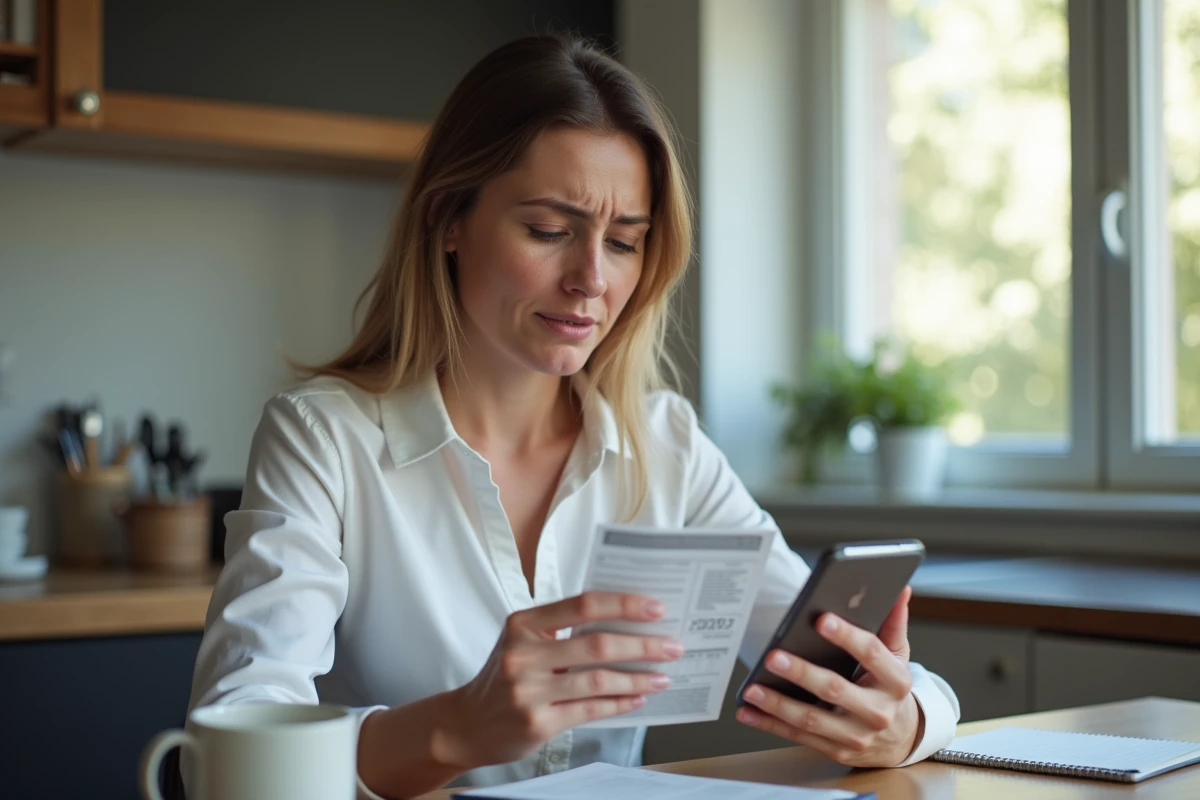 Femme frustrée examinant son smartphone et billet de train