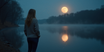 Femme en pull et jeans près du lac sous la lune