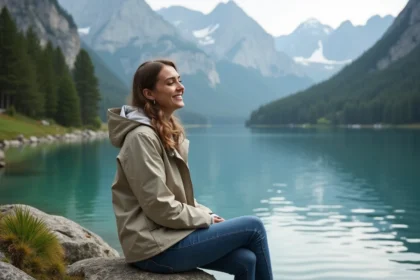 Jeune femme souriante face au lac de montagne