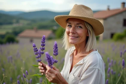 Femme en blouse légère et chapeau de paille dans un champ de lavande à Gordes