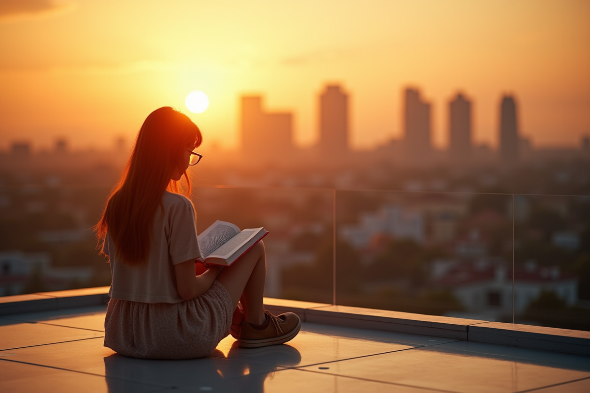 Jeune femme lisant un roman d amour sur une terrasse ensoleillee