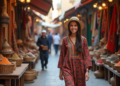 Jeune femme marocaine dans un souk coloré avec marché animé