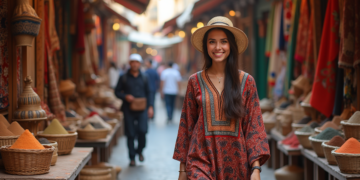 Jeune femme marocaine dans un souk coloré avec marché animé