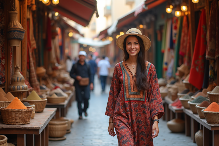 Jeune femme marocaine dans un souk coloré avec marché animé