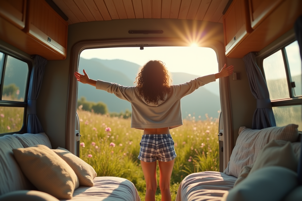 Femme étirant dans un van au matin en plein air