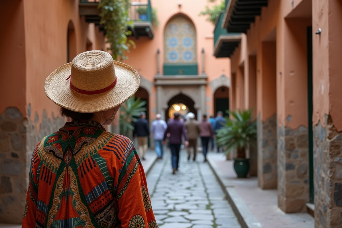 Femme en djellaba explorant une ruelle de la médina historique de Fès, Maroc