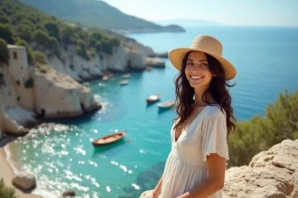 Jeune femme souriante en bord de mer en été
