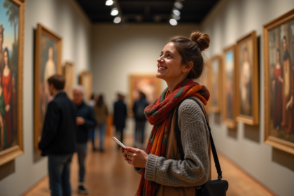 Femme souriante dans un musée d'art observant une peinture